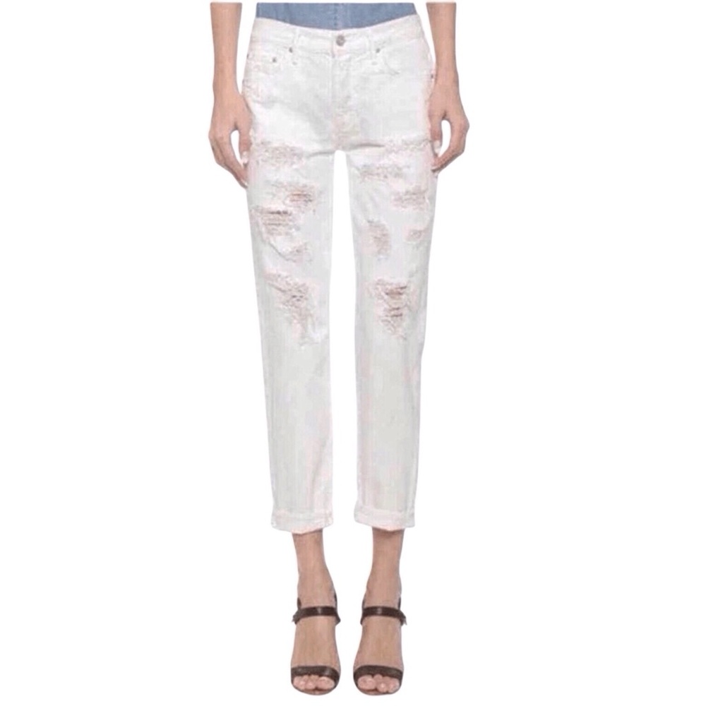 Mother The Loosey Party Crashers Distressed Boyfriend White Denim Jeans Size 25